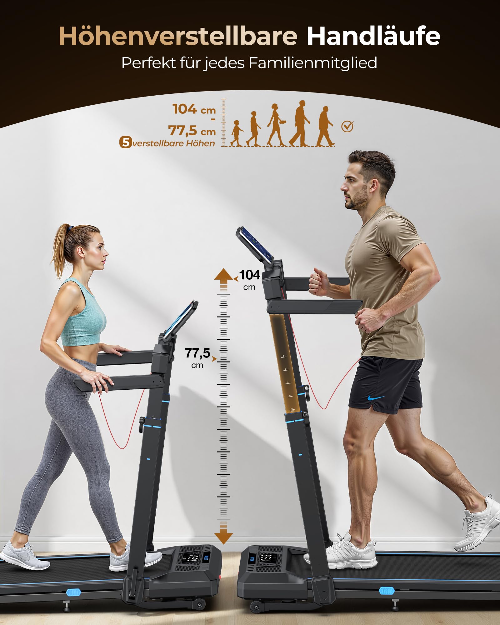 Cardirun Laufband für Zuhause Klappbar mit Automatischer Steigung, 14 KM/H | 6 in 1 Walking Pad mit 104cm Höhenverstellbarer Griff, 14KM/H, 3.5HP Leise Treadmill for Home mit LED-Anzeige, 160 KG