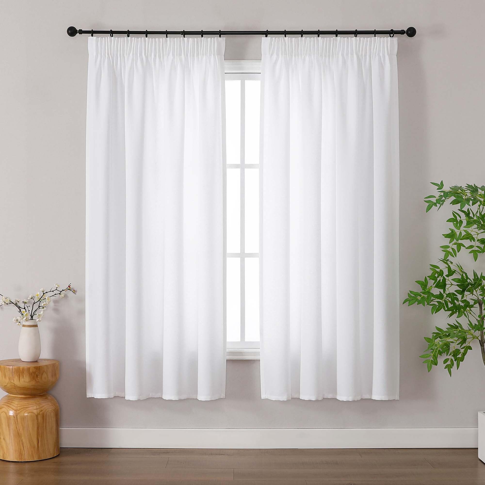 Simplebrand White Curtains 163 cm Long 2 Panels Set, Faux Linen Textured Semi Light Filtering Soft Airy Privacy Farmhouse Curtain Drapes for Living Room Bedroom, White, 140 Wx163 L CM