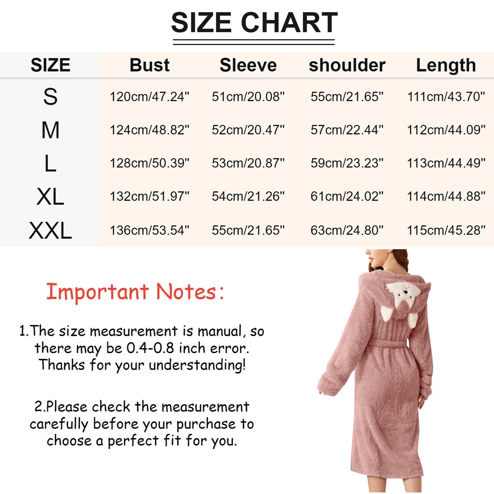 Generisch Femme Double Poche 3D Oreilles Peignoir Flanelle Doux et Chaud Double Face Velours Peignoir Pyjama et Vêtements de Maison Robe de Luxe