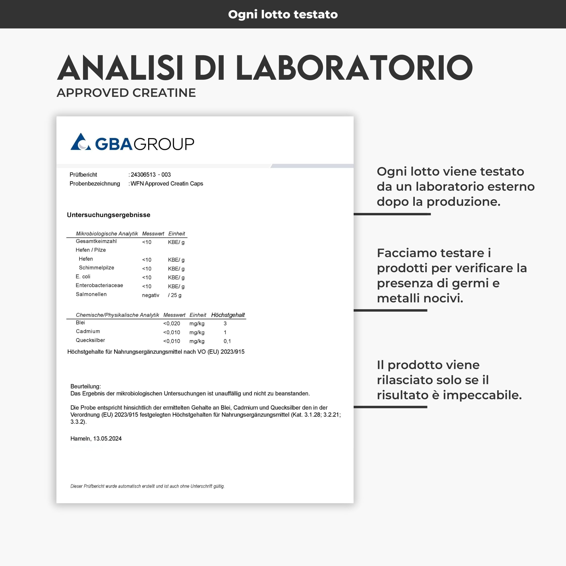 WFN Approved Creatine Caps - Creapure - 180 Capsule di creatina - Giga Caps ad alta dose - Pura creatina monoidrato - Vegano - 60 Porzioni - Prodotto in Germania - Testato in laboratorio esterno