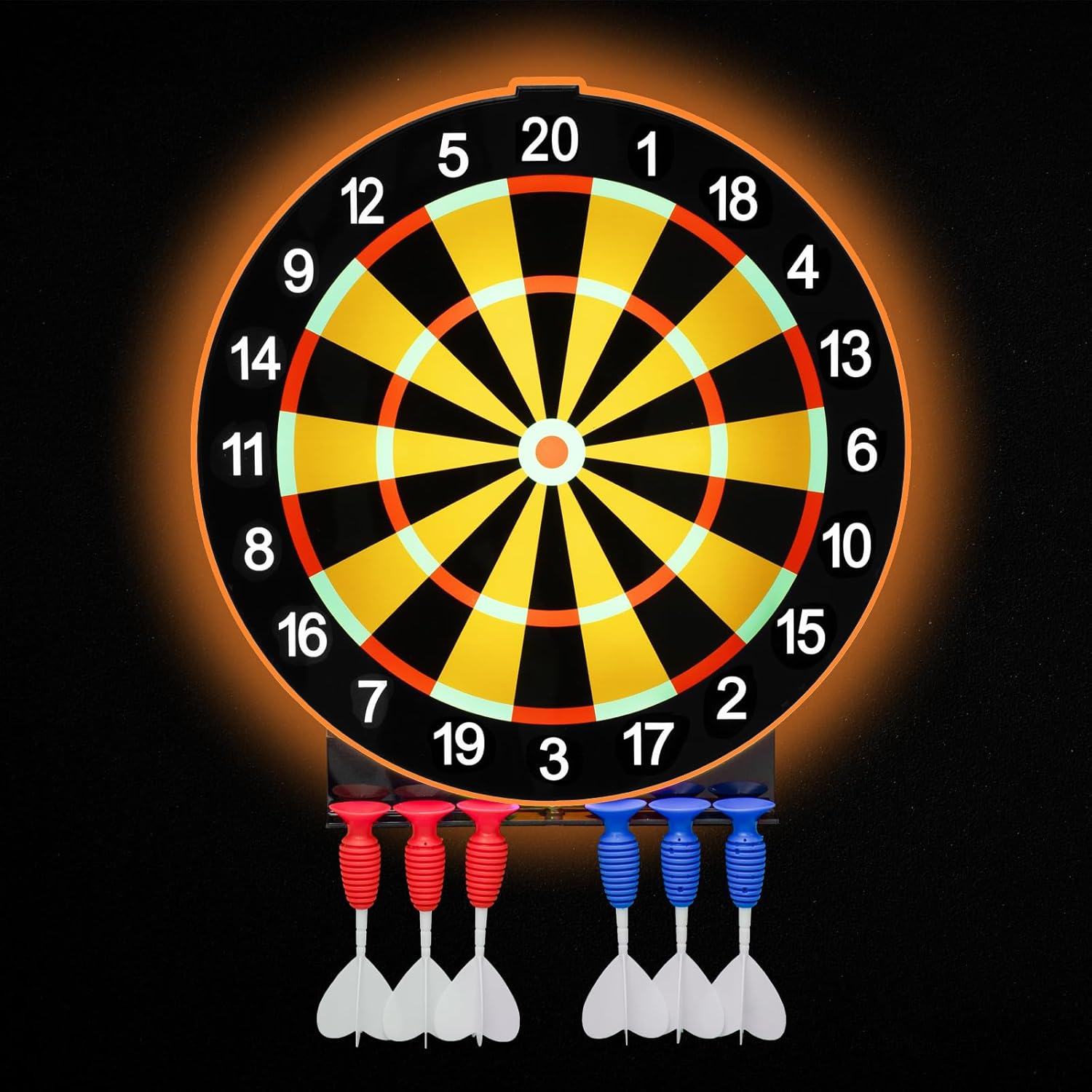 LED Light Up Dart Board with 6 Safe Suction Cup Darts, 15-Inch LED Dartboard with Backlight, Includes Dart Stand, Excellent Indoor Game, Party Games, Bar Games, Family Fun, Room Wall Decor (White)
