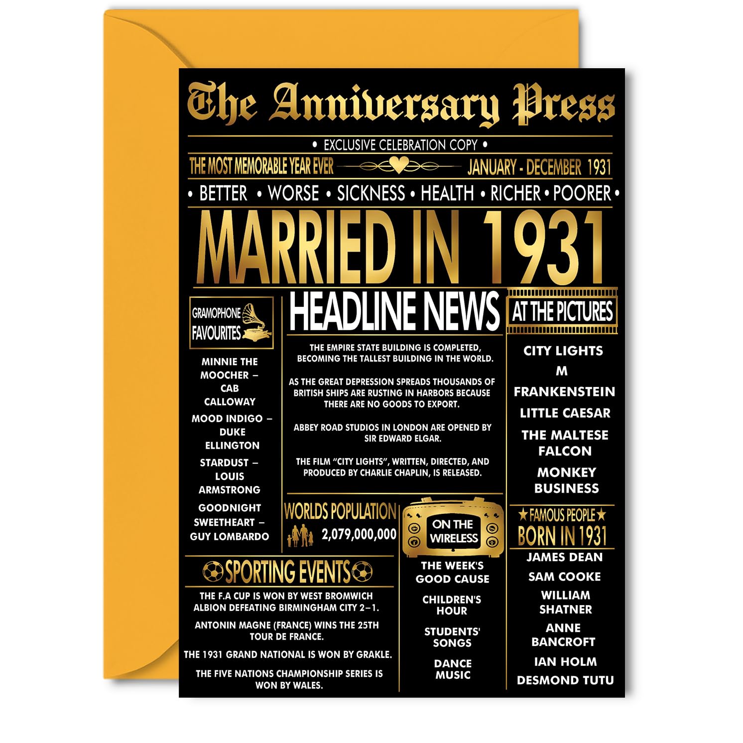 Gold 95th Anniversary Card for Women Men - Golden Newspaper Married in 1931-95 Year Wedding Anniversary Card for Husband Partner Wife Companion, 5x7 Inch Anniversaries Greeting Cards