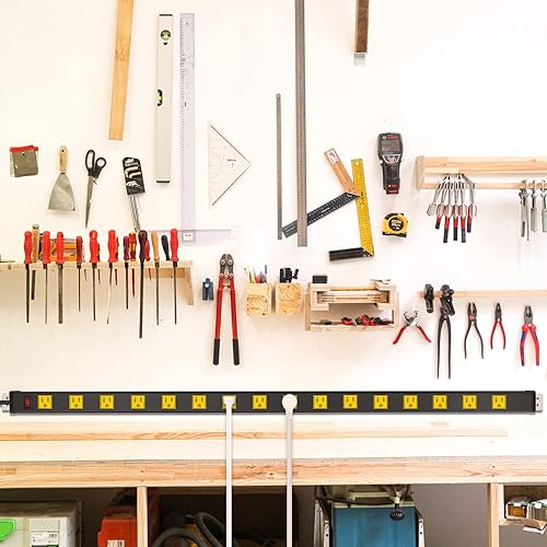 Miniatura 7 de JUNNUJ Regleta de alimentación industrial de 16 tomas de corriente de metal largo, tira de alimentación industrial de garaje espaciada, resistente