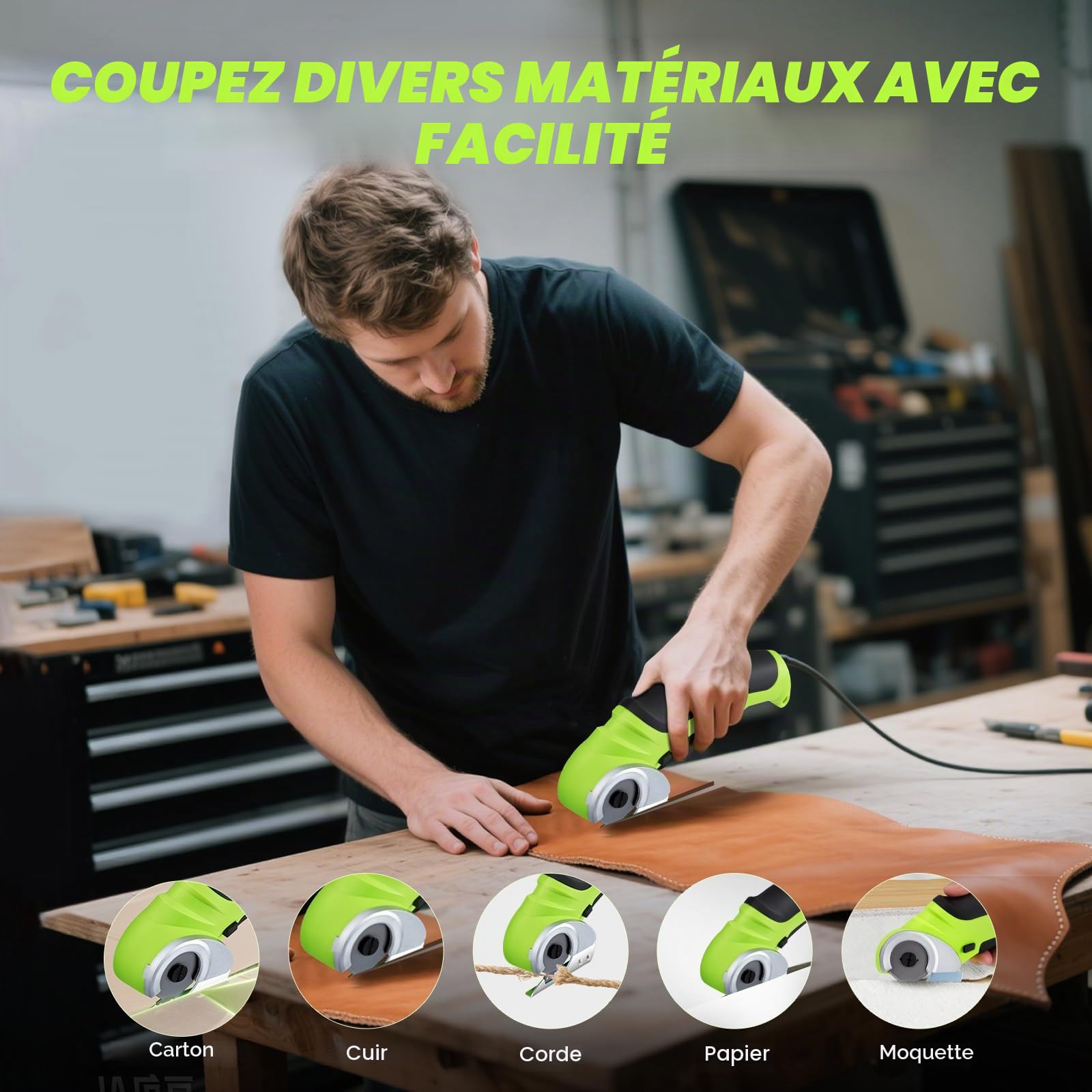 Ciseaux électriques sans fil 4,2 V Mini coupe-tapis et carton avec lame de rechange/chargeur, cutter rotatif pour emballage en carton, cuir et plastique (vert)