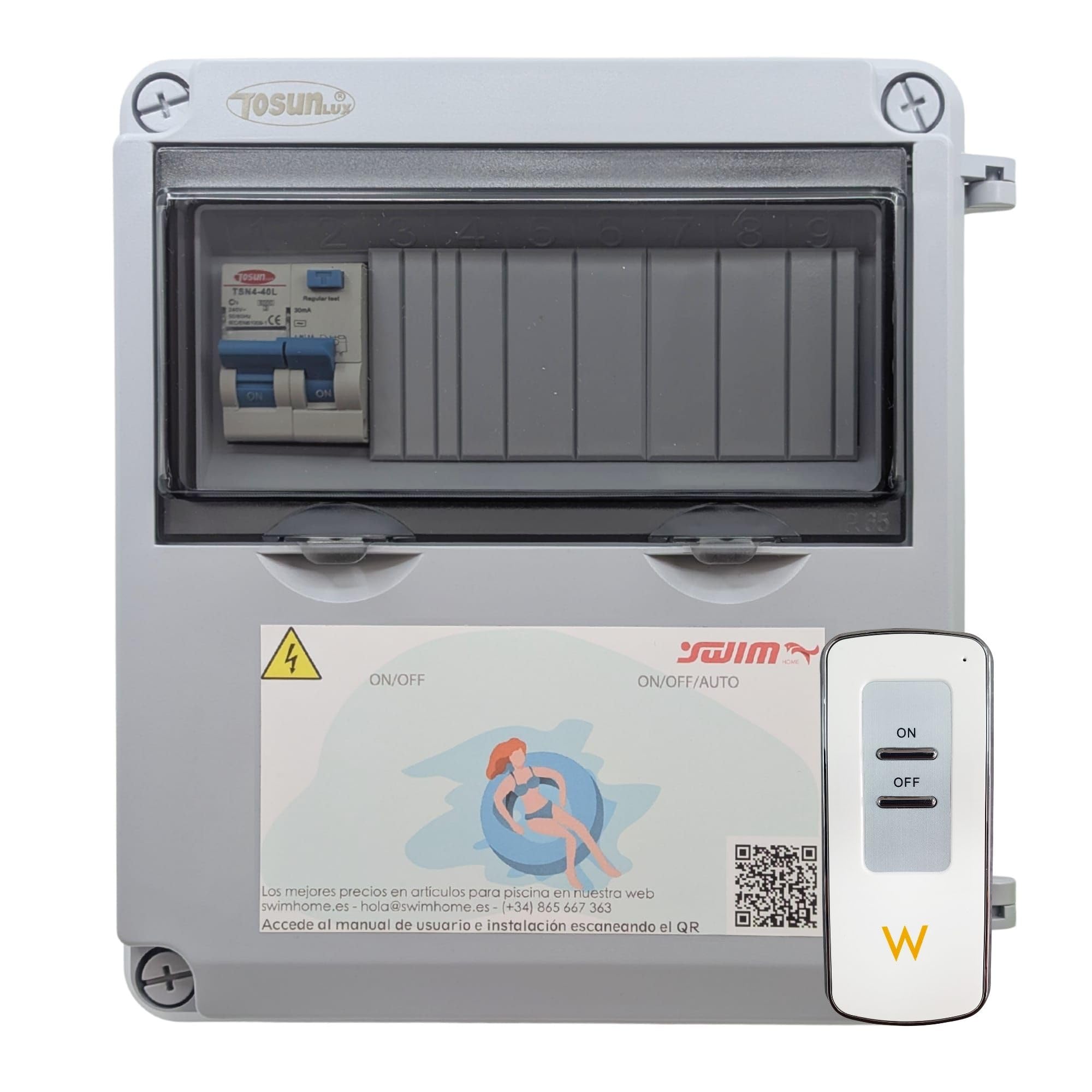 SWIMHOME Cuadro Eléctrico Piscina Transformador 300W 12V AC IP65 Estanco con Mando a Distancia, ABS Gris