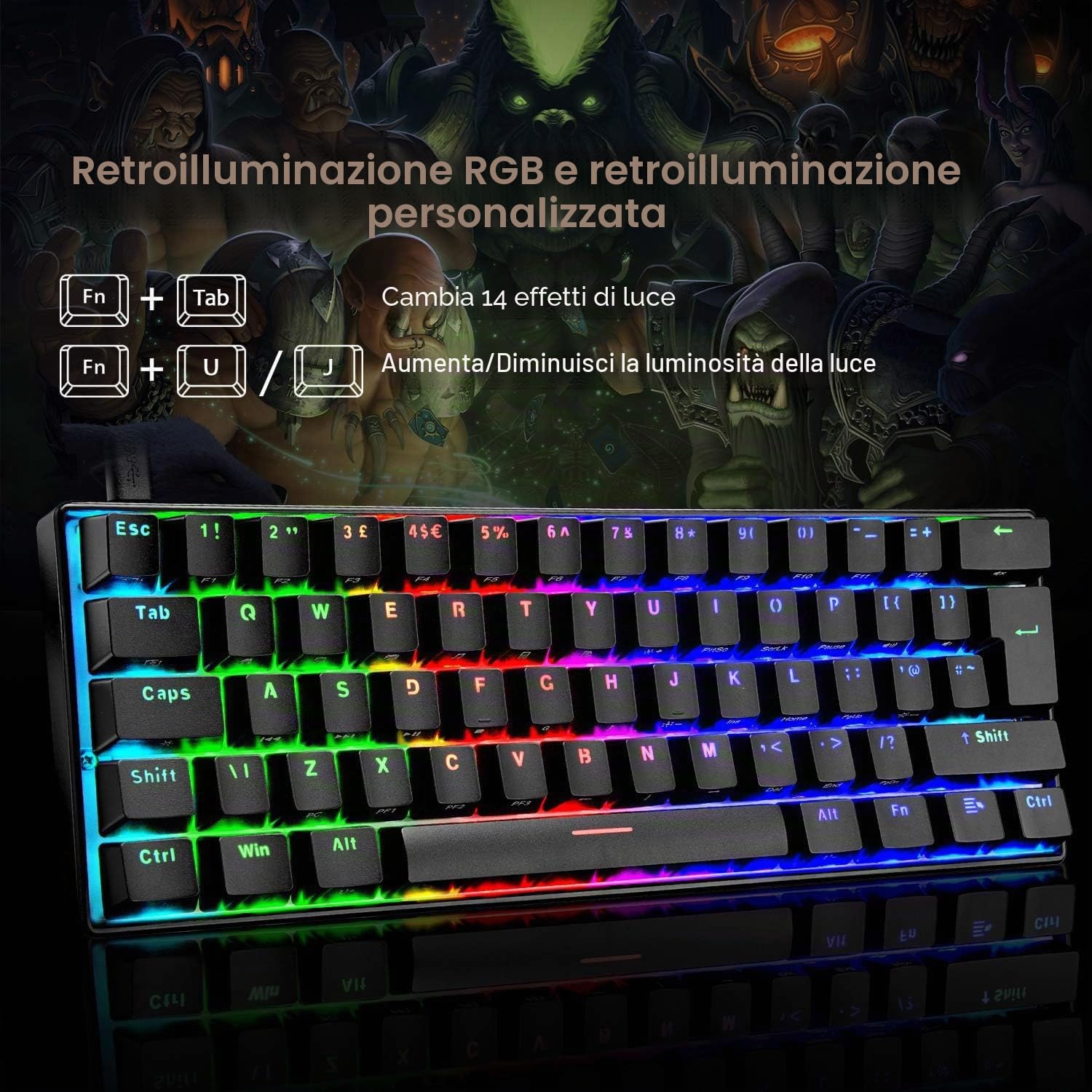 UK 61 60% Tastiera da gioco meccanica vera Tipo C Cablata 61 tasti Tastiera impermeabile USB retroilluminata a LED Retroilluminazione RGB Tasti anti-ghosting completi per computer/PC/laptop/MAC