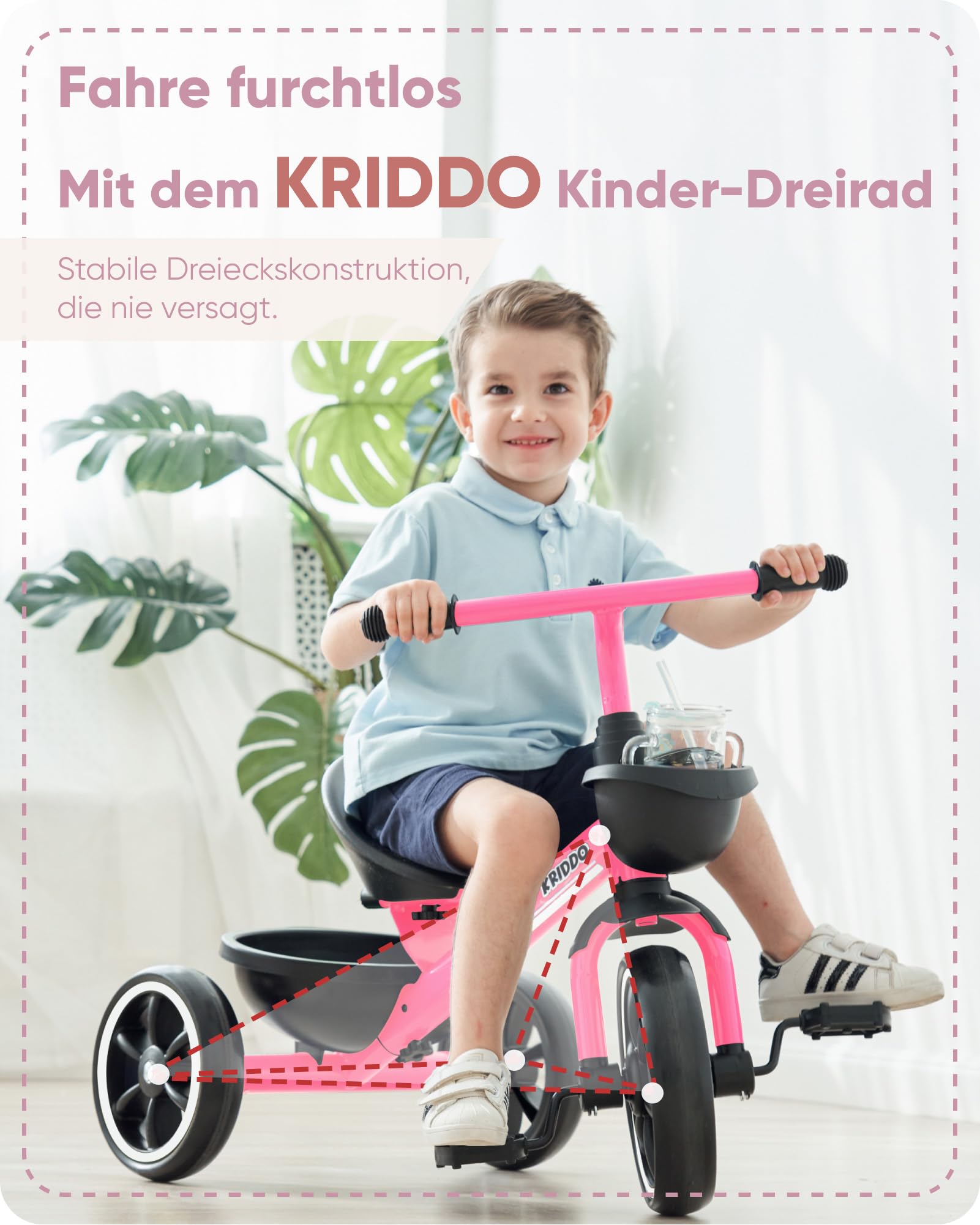 KRIDDO Dreirad ab 2 Jahre, Dreirad für Kinder von 24 Monate bis 5 Jahre, Kinderdreirad Lauflernhilfe, Geschenk für Kleinkinder von 2-4 Jahren, Dreiräder, Rosa
