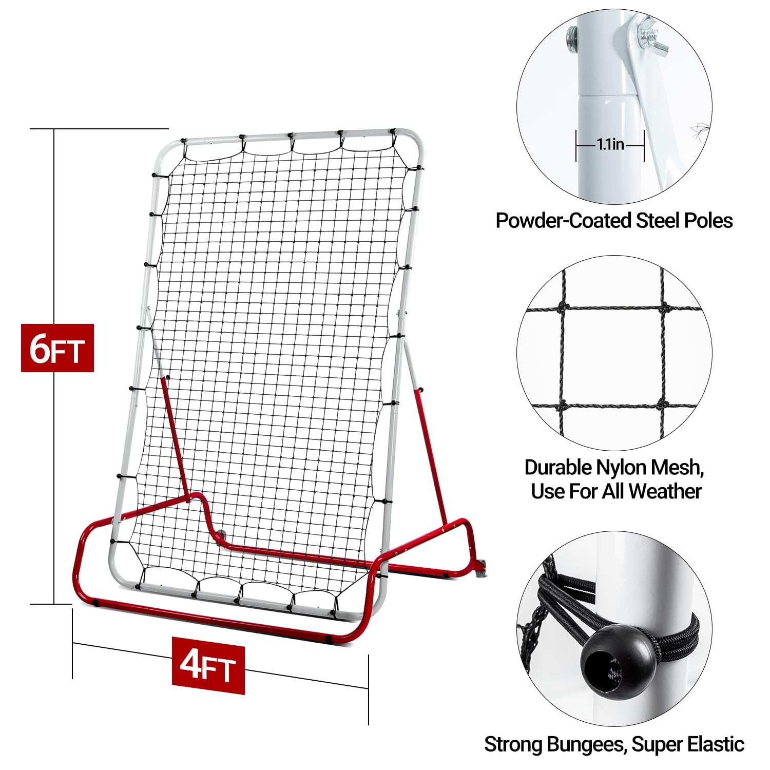WEEPALM Baseball Rebounder Net with Wheels - 6x4 FT Base Ball Pitchback Net, Adjustable Bounce Back Net, Pitch Return Trainer for Baseball and Softball Pitching,Throwing,Catching,Fielding