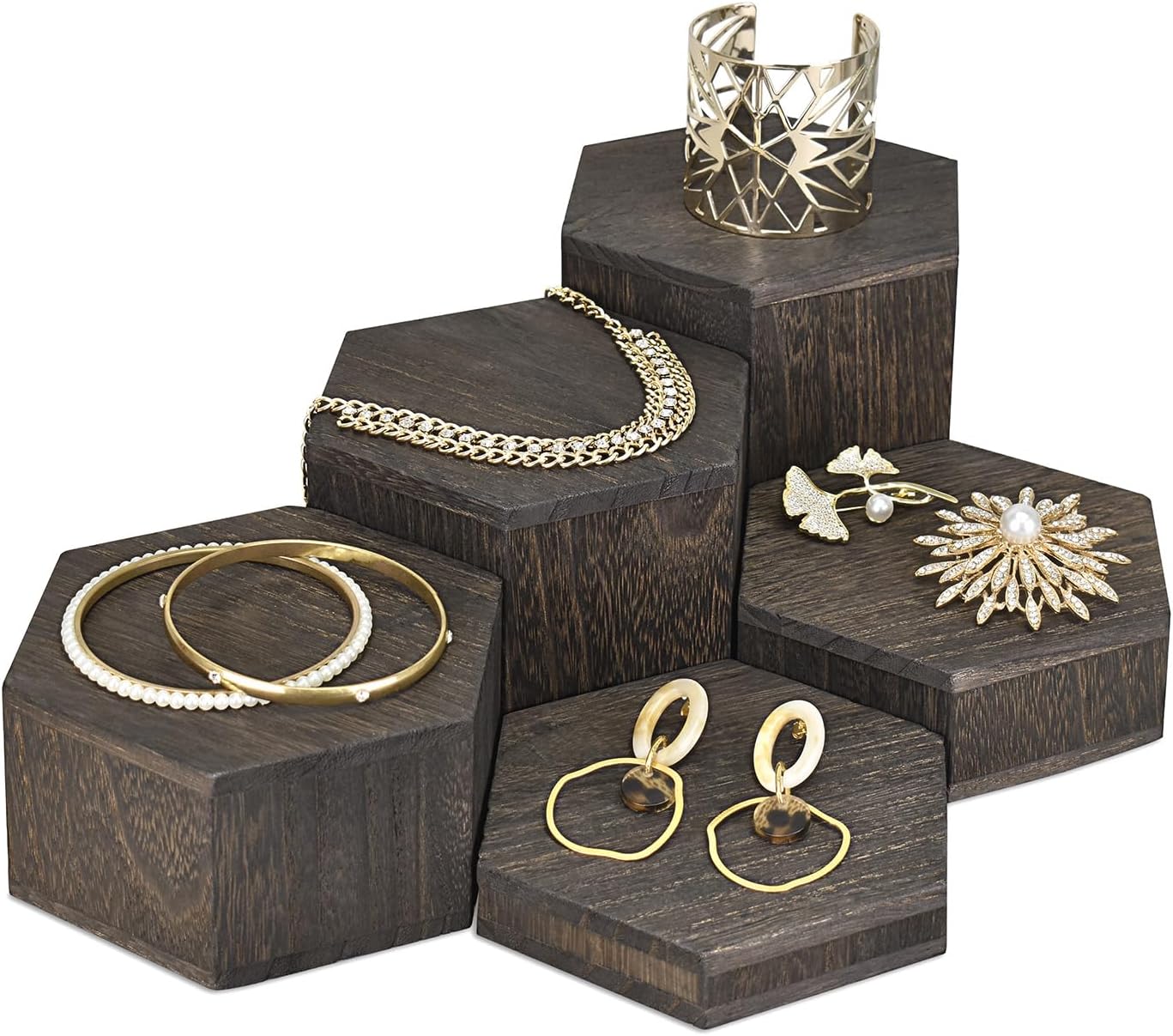 MOOCA 大型木製六角ライザー5個 ディスプレイジュエリーとアクセサリーディスプレイスタンド用 ダークブラウン