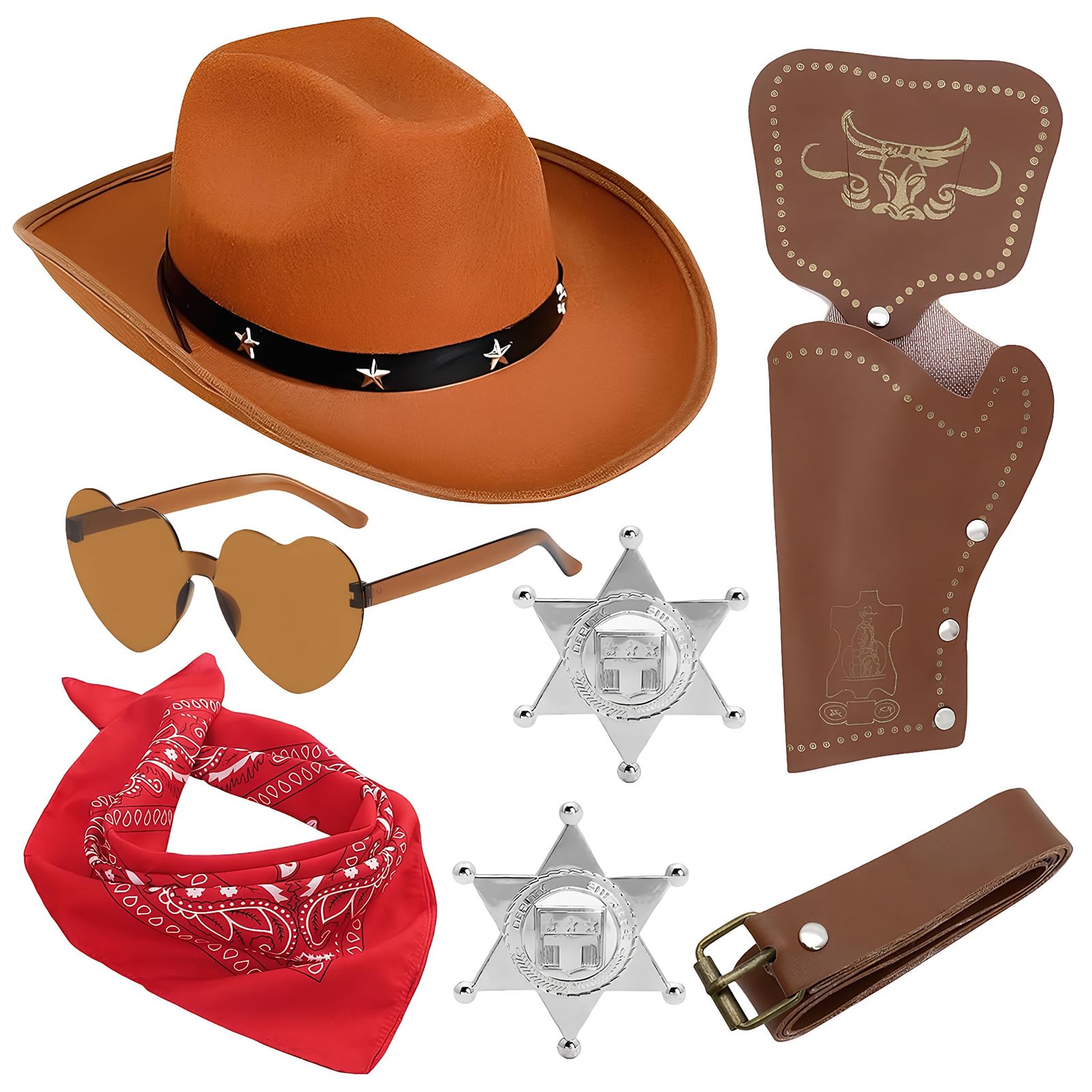 CYGMRFH Cowboy Costume Accessory Set with BrownCowboy Hat, Bandana, Heart Sunglasses, Holster & Belt,Western Fancy Dress Kit for Adults Kids HalloweenCosplay (Star stud)