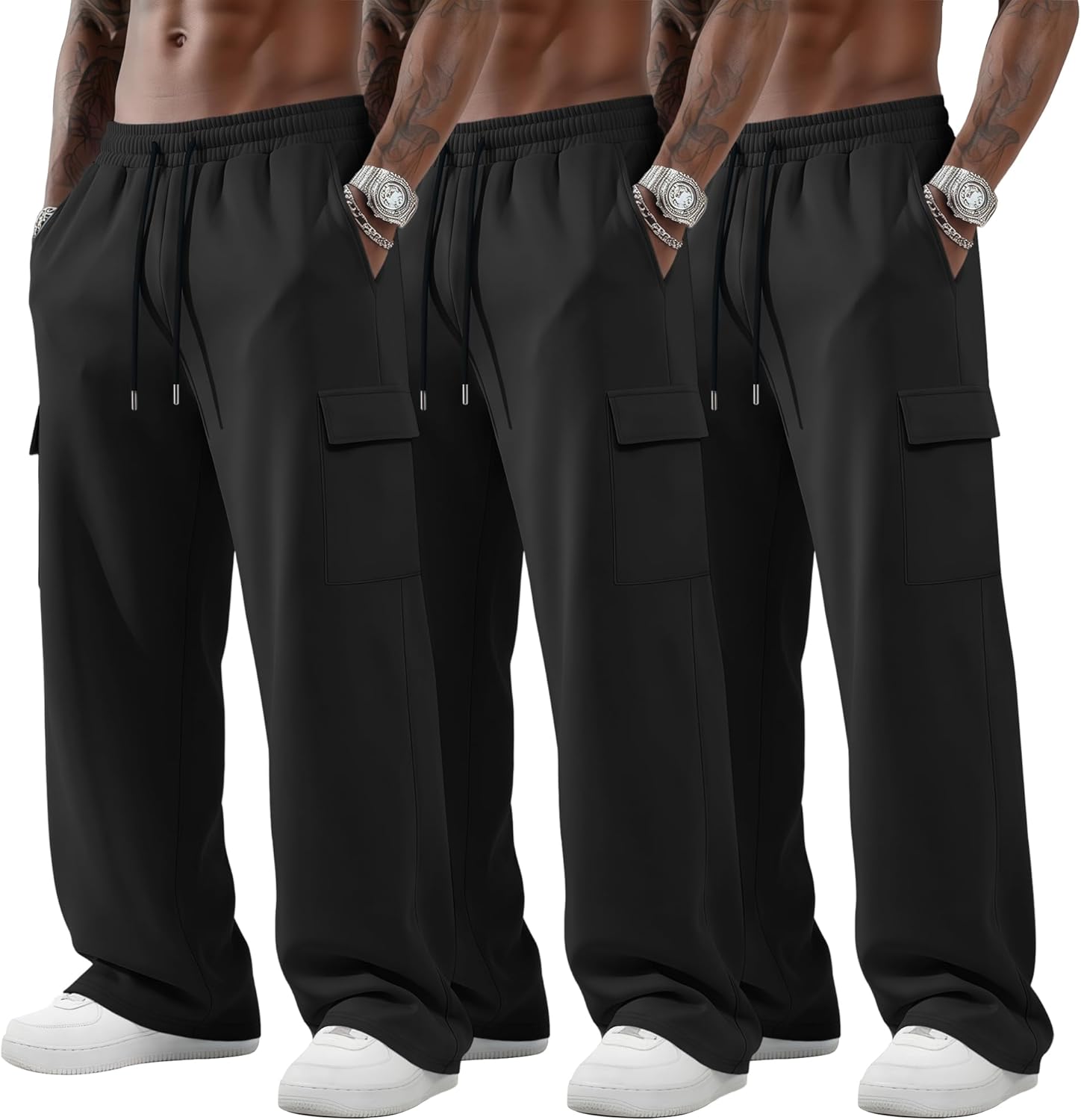 Neer 3 Pack Men's Big and Tall Cargo Sweatpants Baggy Wide Straight Leg Lightweight Open Bottom Drawstring Pants Pockets