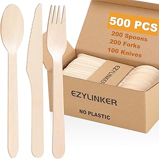 (500 Count) Disposable Wooden Cutlery Set - Alternative to Plastic, Eco Friendly, Biodegradable, Compostable Cutlery Set - 250 Wood Spoons, 150 Wooden Forks, 100 Wooden Knives Disposable Utensils Set