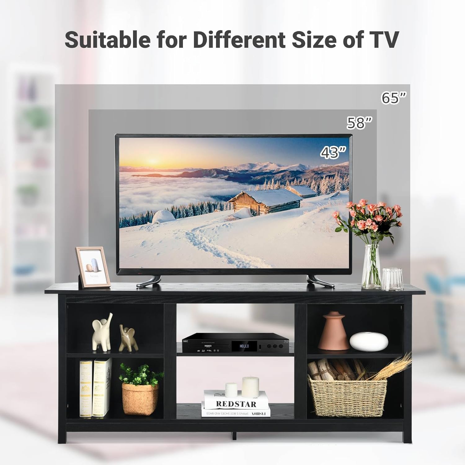 TV Stand for TVs up to 65", Wood Console Table with 6 Open Storage Shelves, Fireplace Stand for Living Room, Bedroom (Black)