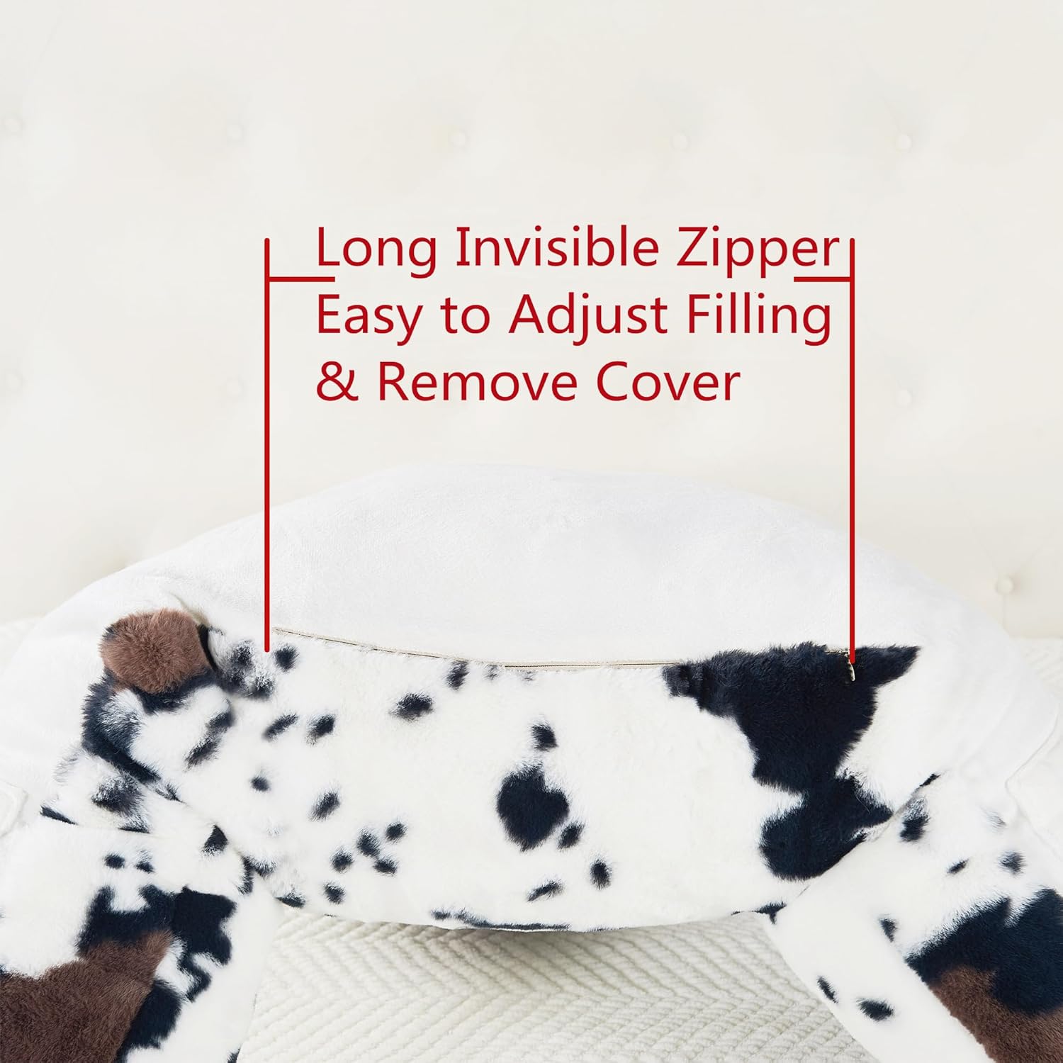 DIY Assembly Animal Print Faux Fur Plush Backrest Reading Bed Rest Pillow with Arms & Pockets for Sitting in Bed Couch Sofa, Back Support Cushion with Removable Cover, 20"x18"x17", Cow