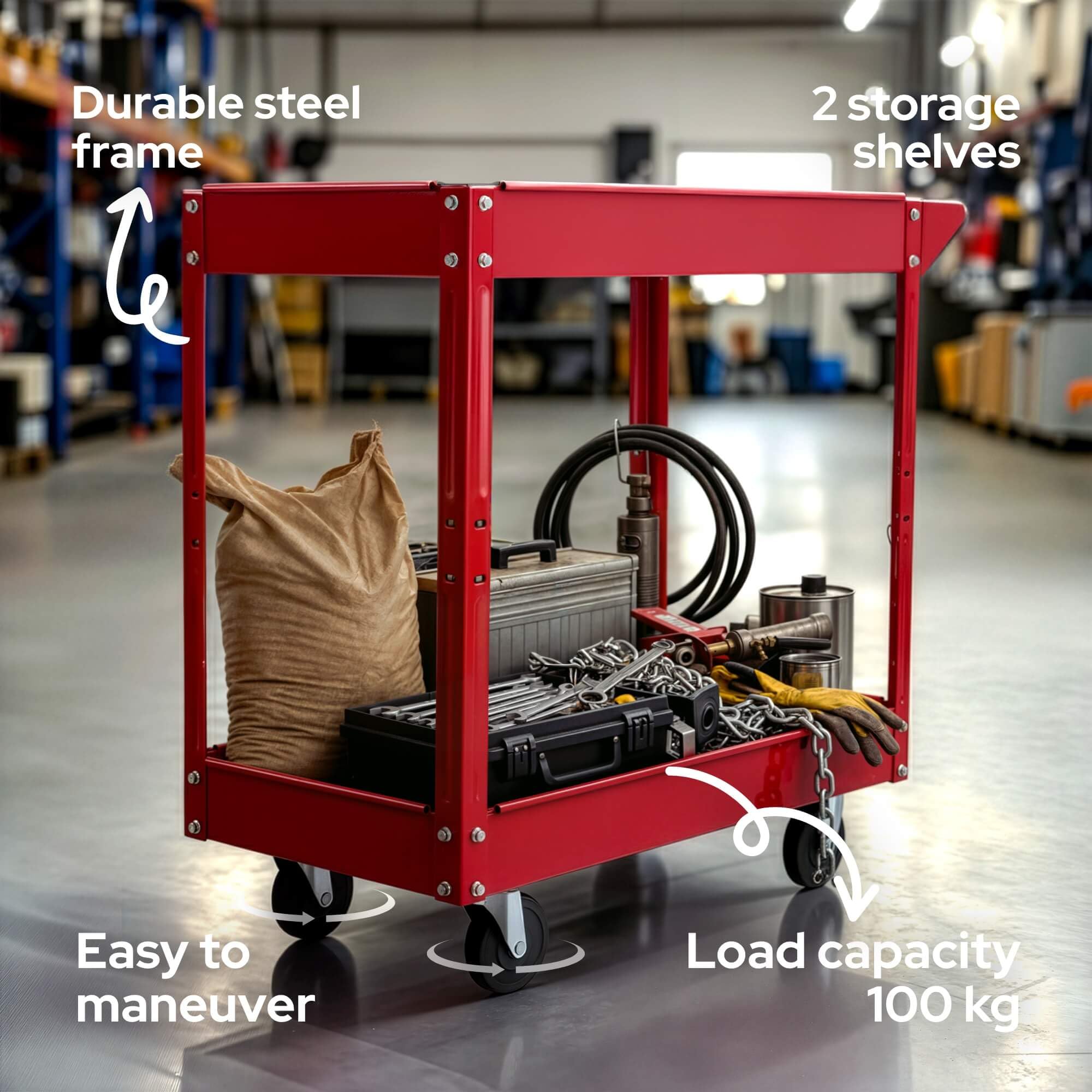 Arebos Set da 2 Carrelli da Officina | Portautensili con 2 Ripiani | Struttura in Acciaio Robusta | Portata fino a 100 kg | Carrello Mobile per Officina, Garage e Fai da Te