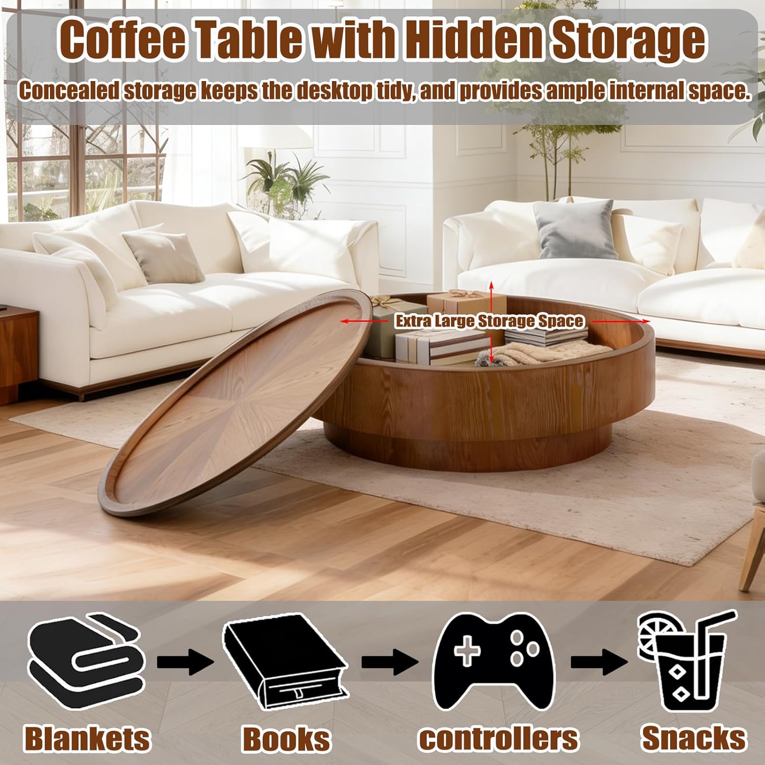 39.4'' Round Coffee Table with Hidden Storage, Modern Drum Coffee Tables with Solid Wood Veneer, Wooden Circle Center Table for Living Room, Small Spaces, and Apartments, Easy Assembly