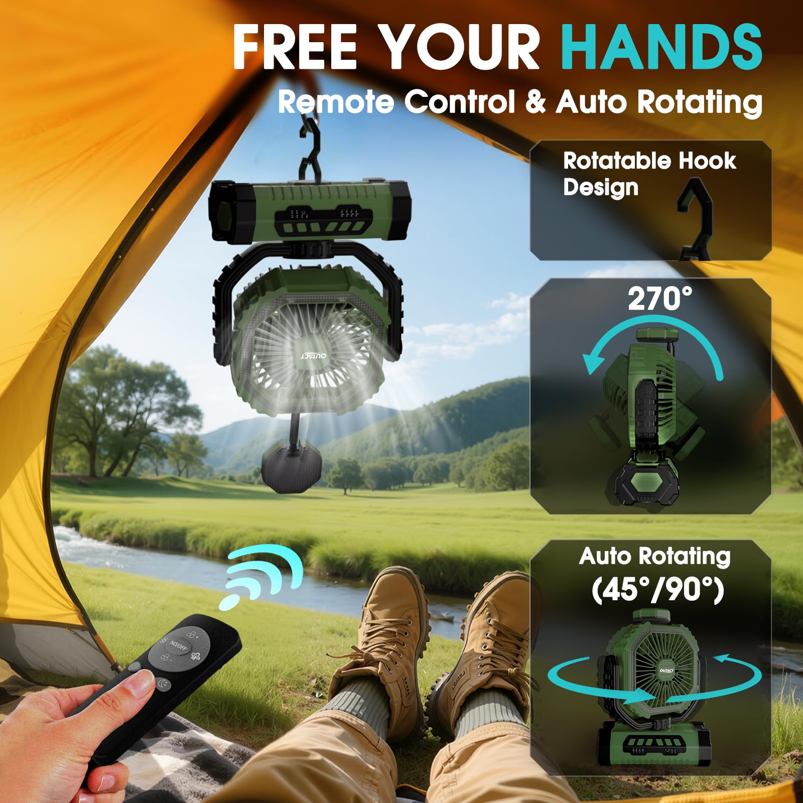 Camping Ventilator 20000mAh, Wiederaufladbarer Tischventilator USB Ventilator mit LED Licht & Haken, 270° Drehung mit Fernbedienung, Camping Fan für Indoor, Outdoor, Zelt, Grillen, Strand - Grün