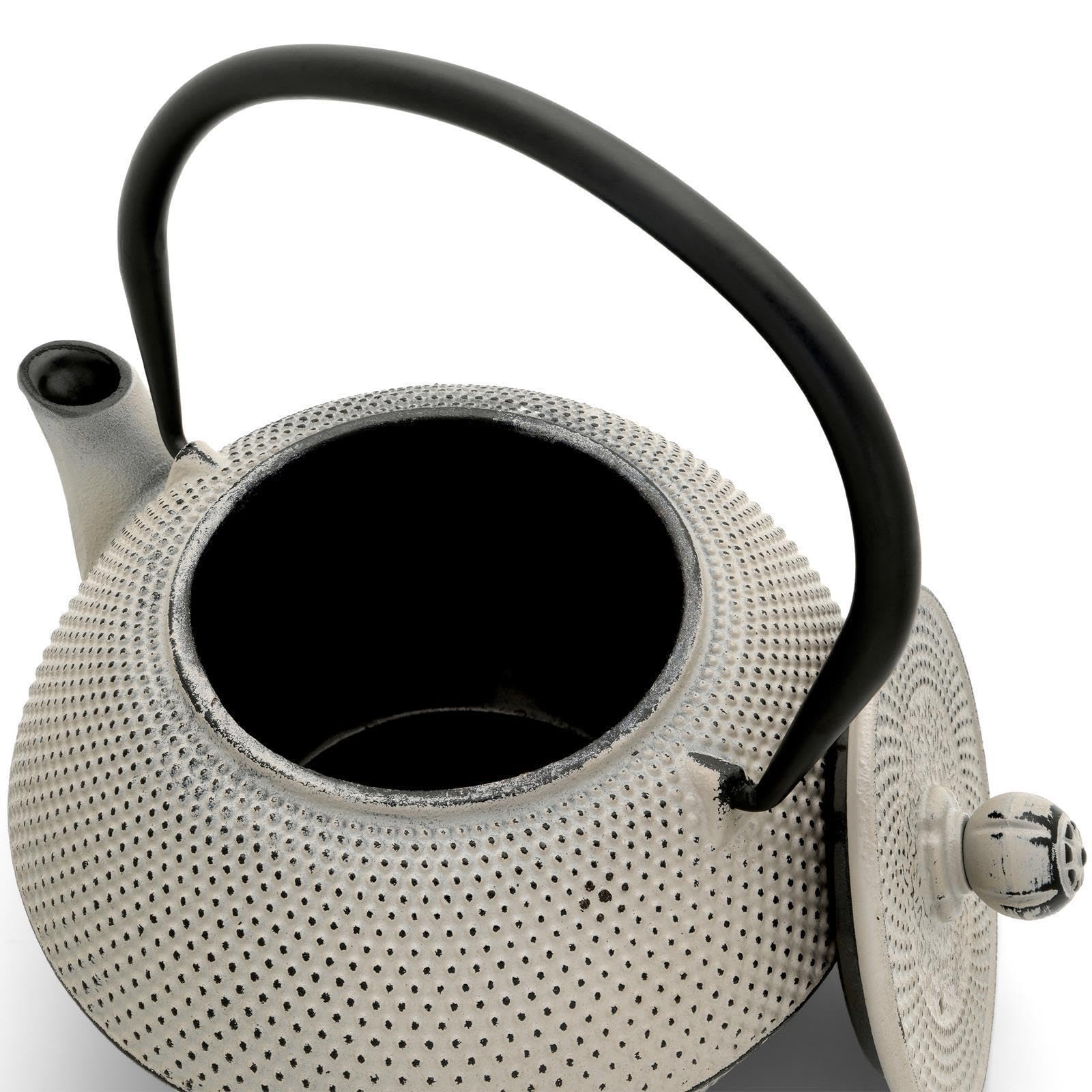 Bredemeijer Asia Teekanne Gusseisen Set 1.1 Liter - grauer Teekessel & Edelstahl-Filter-Einsatz für losen Tee & Teebecher (4 Tassen) & Stövchen (Teelicht)