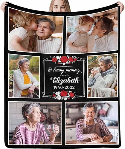 LOSARON Mantas conmemorativas personalizadas con fotos por pérdida de madre, papá, abuela en el cielo en memoria amorosa de flores rojas, 6 fotos,