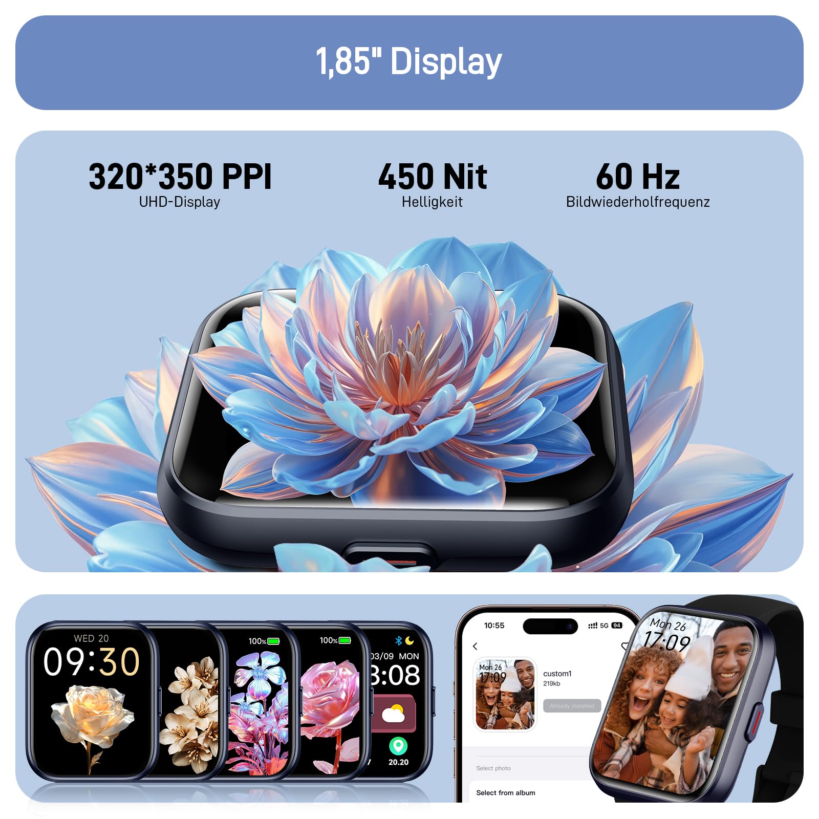 Tensky Smartwatch Herren Damen, 1,85'' Fitnessuhr 3ATM wasserdicht, integrierte Alexa, Herzfrequenz SpO2 Schlafmonitor 110+ Sportmodi Fitness Tracker kompatibel mit iPhone/Samsung/Android