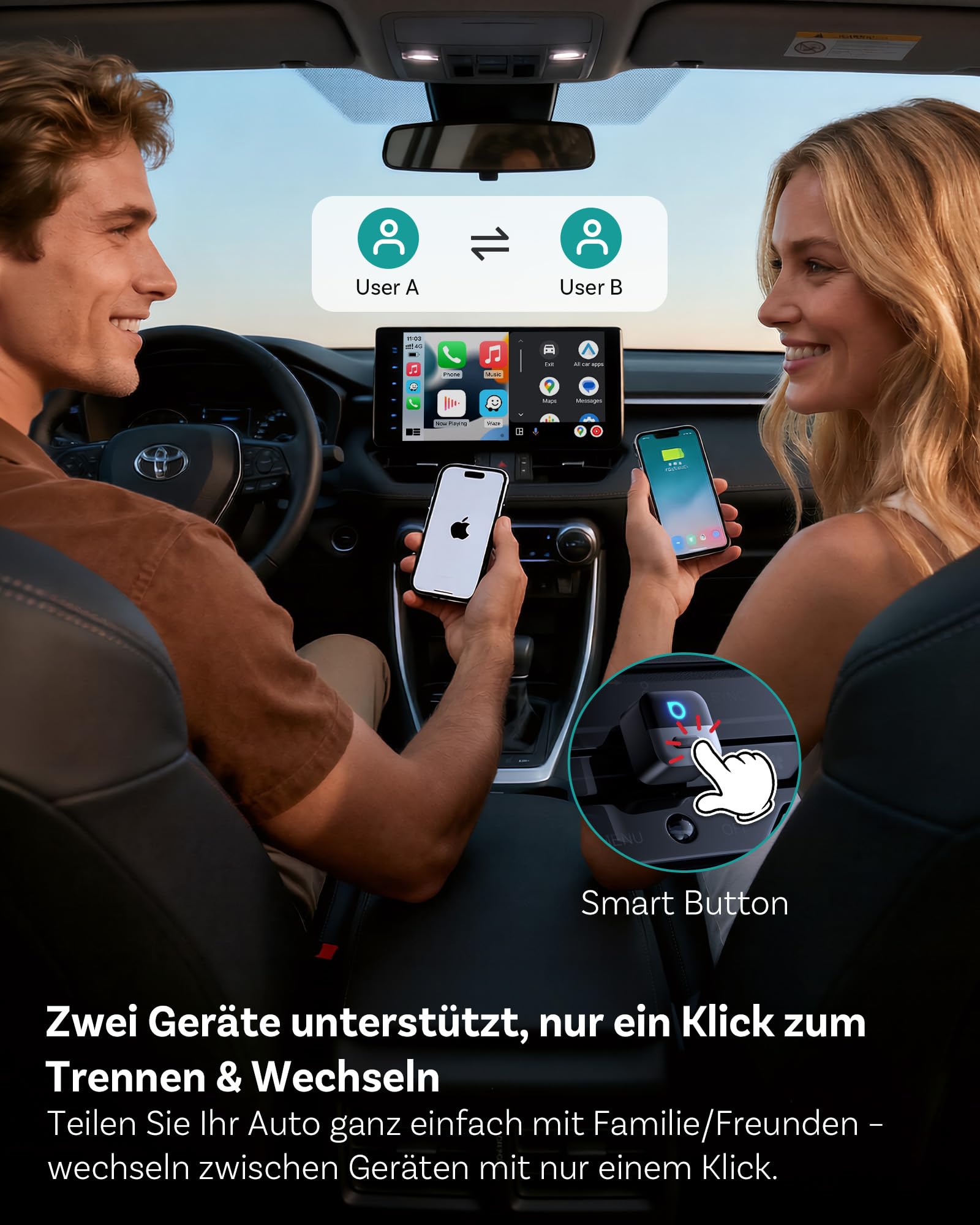 OTTOCAST Mini Pico 2026 CarPlay & Android Auto Wireless Adapter, Smart Button, 5–8s Auto Connect, Plug & Play, USB-A/USB-C, OTA-Update, Wandelt Kabelgebunden in Kabellos um (iOS 10+/Android 11+)