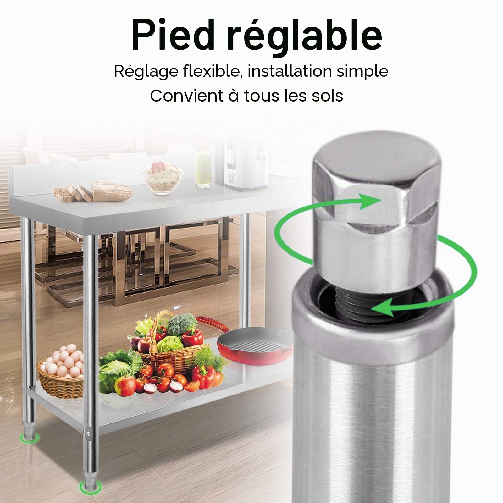 UISEBRT Table de travail en acier inoxydable avec bords biseautés, table de cuisine avec pieds réglables, table de cuisine avec étagère inférieure extra large, 120 x 60 x 85 cm, avec bord arrière