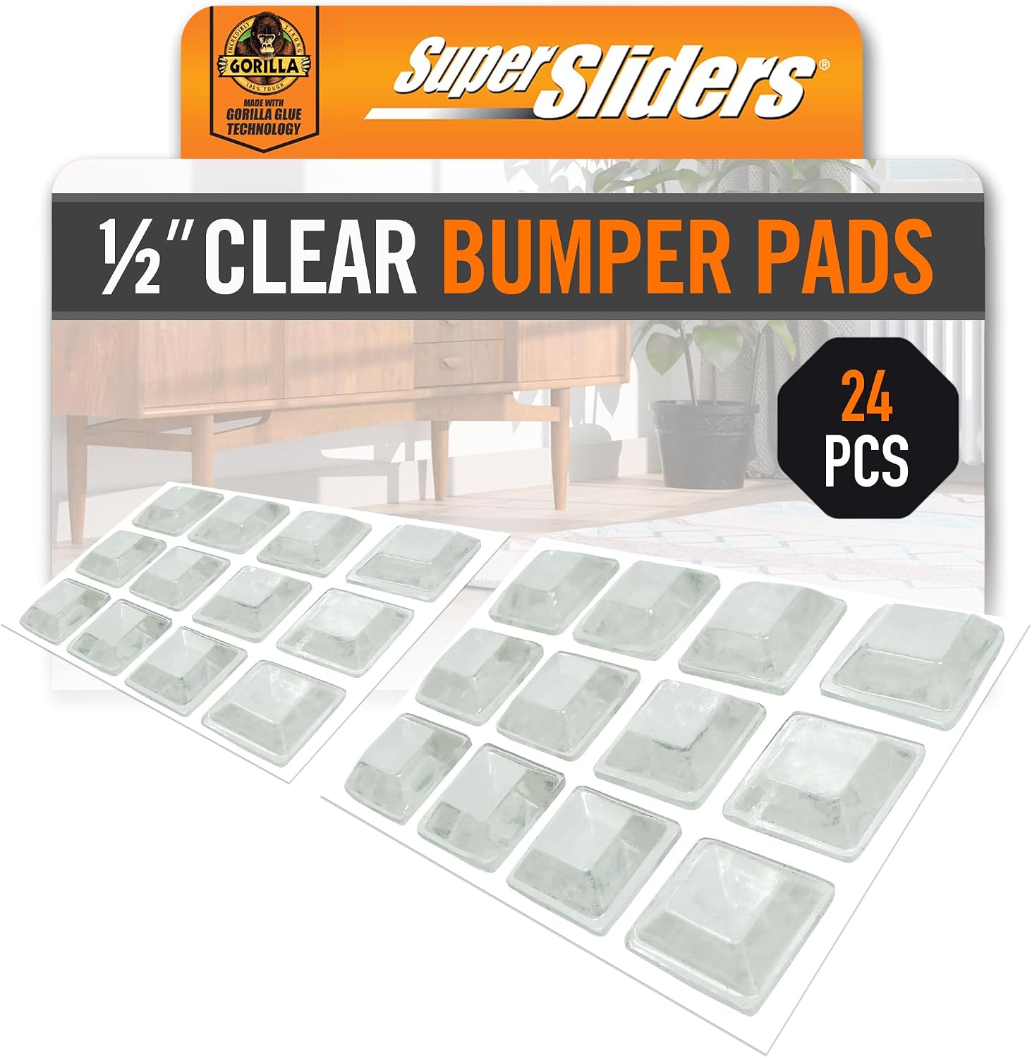 Super Sliders Gorilla Glue Clear Self-Stick Bumper Pads, 3/4" Square Adhesive Cabinet Door Bumpers, Furniture & Surface Protectors, Noise Reducing Rubber Pads, Strong Hold, (24, Clear)