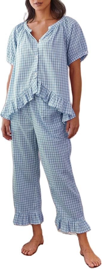 KMBANGI Women Y2K Plaid Pajama Sets Ruffle Hem Gingham Short Sleeve Shirt High Waist Bell Bottom Pants Lounge Sets