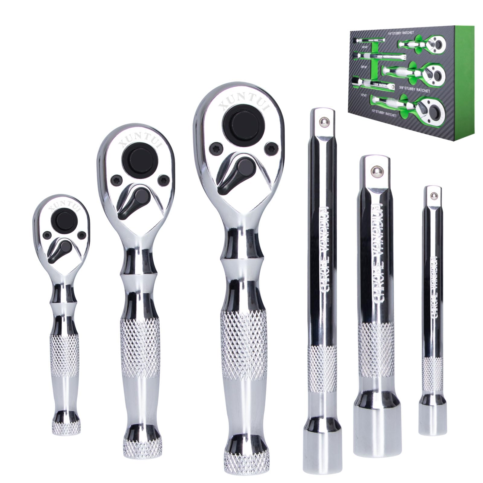 XUNTUI Stubby Ratchet Set 90-Tooth1/4, 3/8", 1/2" Drive Ratchet Handle Wrench Set with Extension rod, Quick-release Ratchet Wrench, Reversible, Chrome