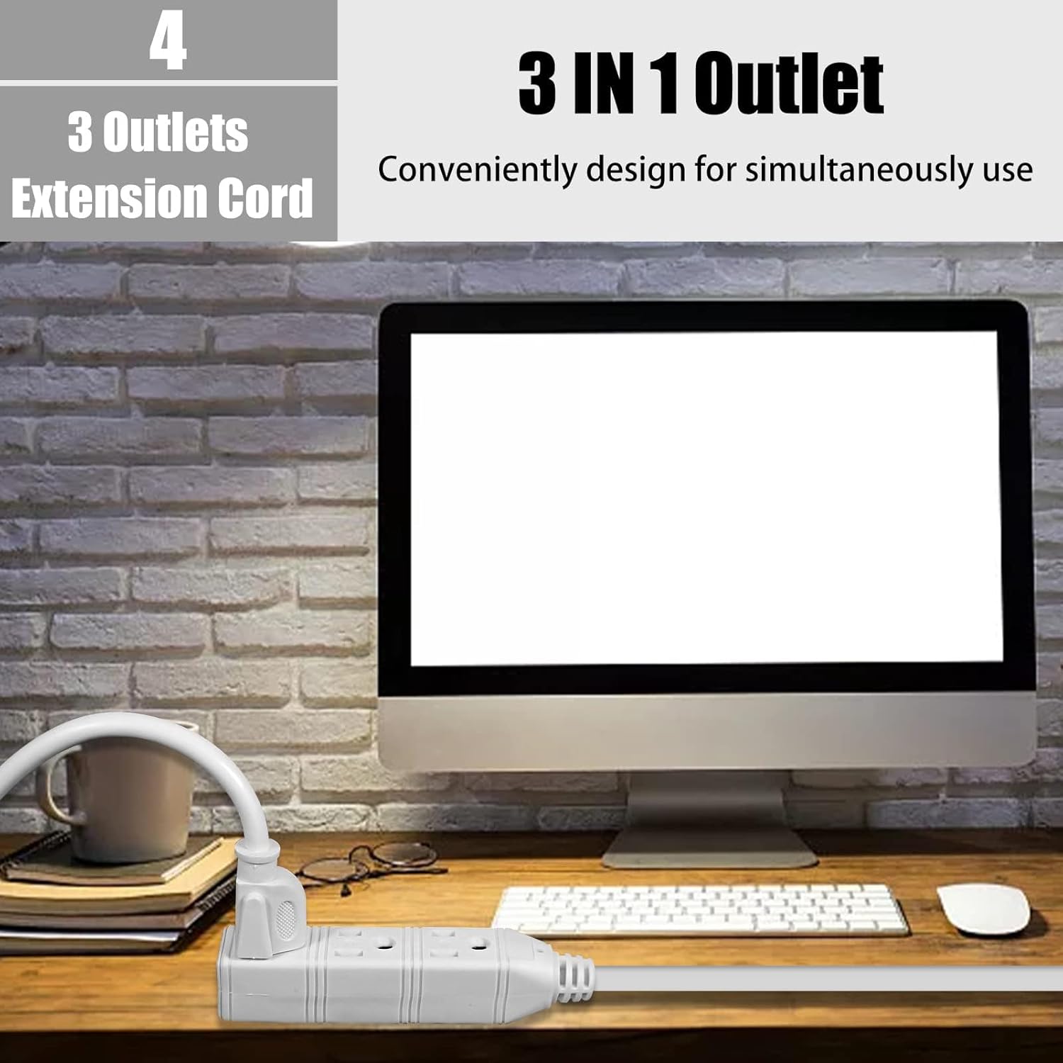 2-Pack Power Strip, 16 Gauge Grounded Extension Cord, SJTW Heavy-Duty 3-Outlets Power Strip, 13 AMP, 125 Volts, UL Listed, Indoor/Outdoor Use, White (White-10TF)