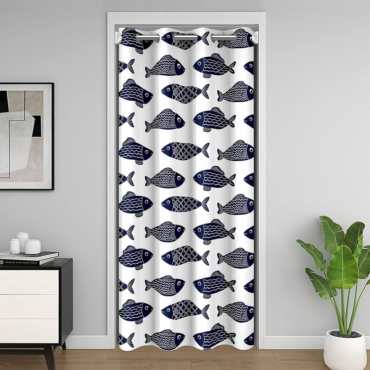 Rideau de porte 150x203cm bleu poissons occultant et isolant