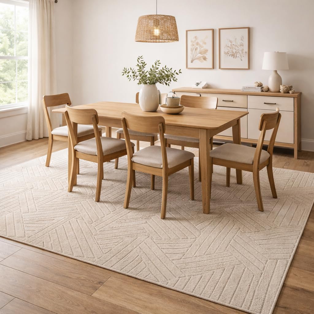 Handmade Wool Area Rug, Hand Tufted Beige Geometric Carpet for Living Room, Bedroom & Dining 7x10, 6x9, 8x10, 9x12 Sizes