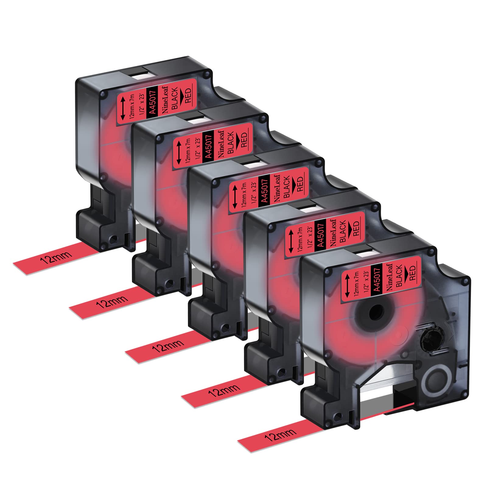 NineLeaf 5 Pack Replacement for Dymo D1 45017 S0720570 A45017 12mm x 7m 0.47'' 1/2 inch Black on Red Label Tape for LabelManager 160 120P 150 200 LabelPoint 100 150 200 250 300 350 Label Maker โ image 1