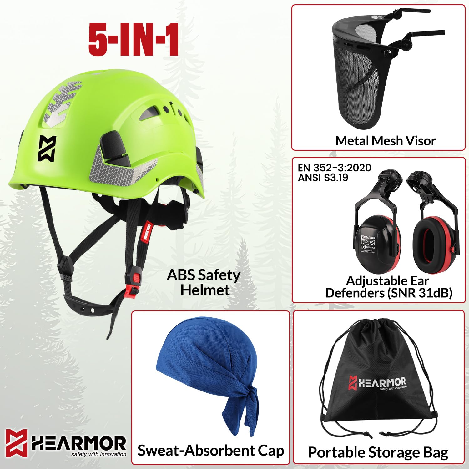 HEARMOR VOLTEK Ensemble de casque de sécurité forestière 5 en 1 avec casque rigide en ABS avec protège-oreilles, visière, capuchon de sudation et sac de transport, design confortable et ventilé pour