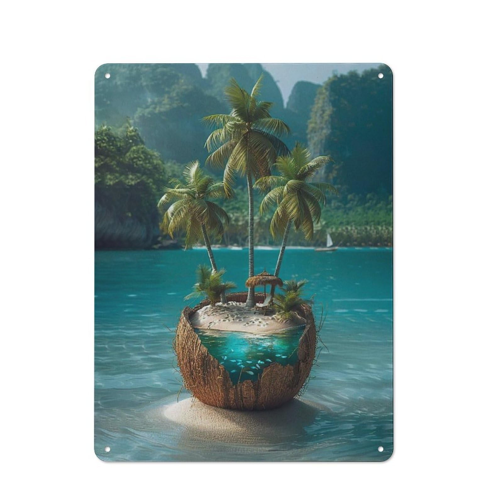 Junmoney Coconut Island Paradise Vintage Tin Sign 40X30cm With For Home Office Or Studio, For Home Office Decor Fans Refreshing A Room In Autumn