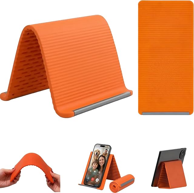 Portable Foldable Silicone Aluminum Phone Holder, Flexible Bendable Adjustable Phone Stand, Anti-Slip Multi-Angle Holder for Smartphone Tablet Laptop, Travel Airplane Desk Bed Treadmill Use (Orange)