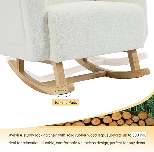Miniatura 5 de Mecedora tapizada para guardería, con cojín de cojín, cómoda y suave, con patas de madera de goma maciza para dormitorio, sala de estar, sala de