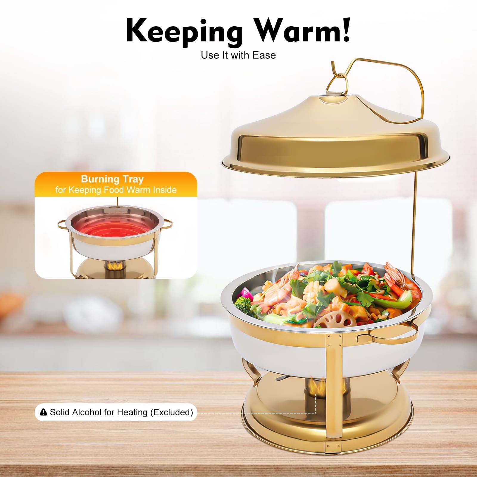 Plato de frotamiento Redondo de Acero Inoxidable, Calentador Enrollable for Catering, Juego de Calentador de Buffet, Servicio de Cena(Silver,4.5L)