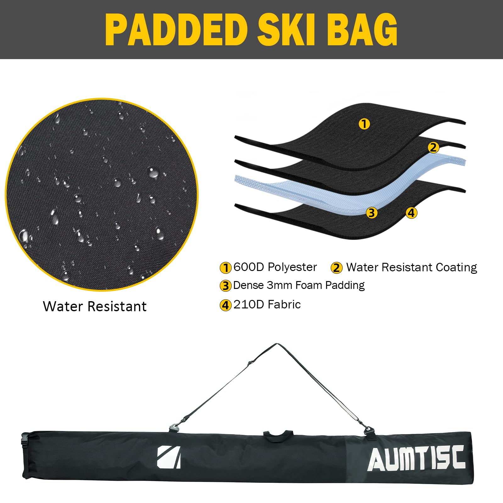 AUMTISC Sac de Ski Combiné Rembourré pour Chaussures de Ski Longueur Réglable 200 cm