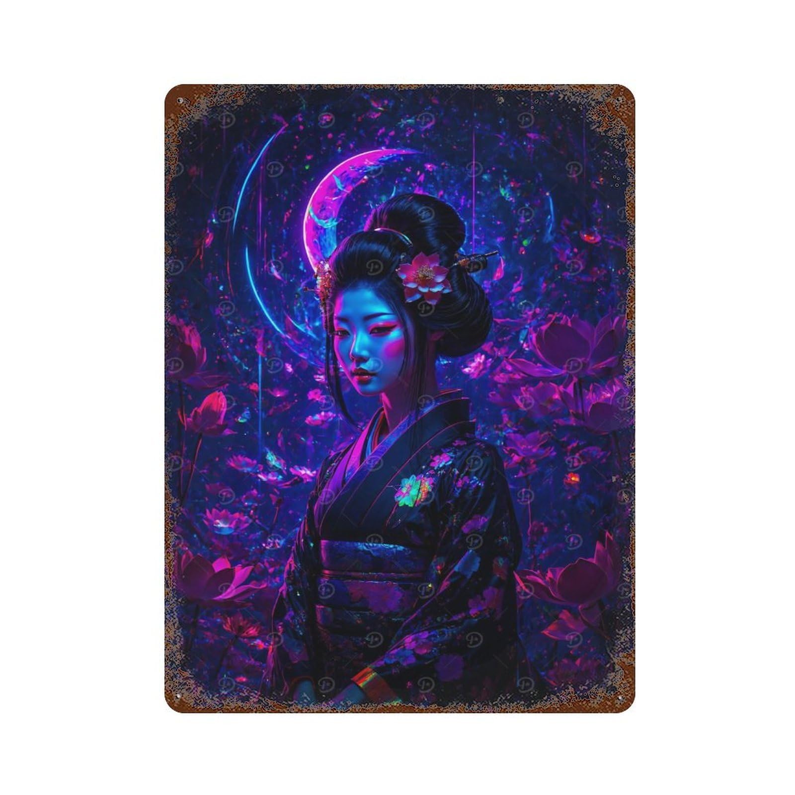 Neon Geisha with Floral Background Japan 15.7"x11.8" Rusty Metal Tin Sign, Farmhouse Wall Decor for Office, Studio And Wall Decor