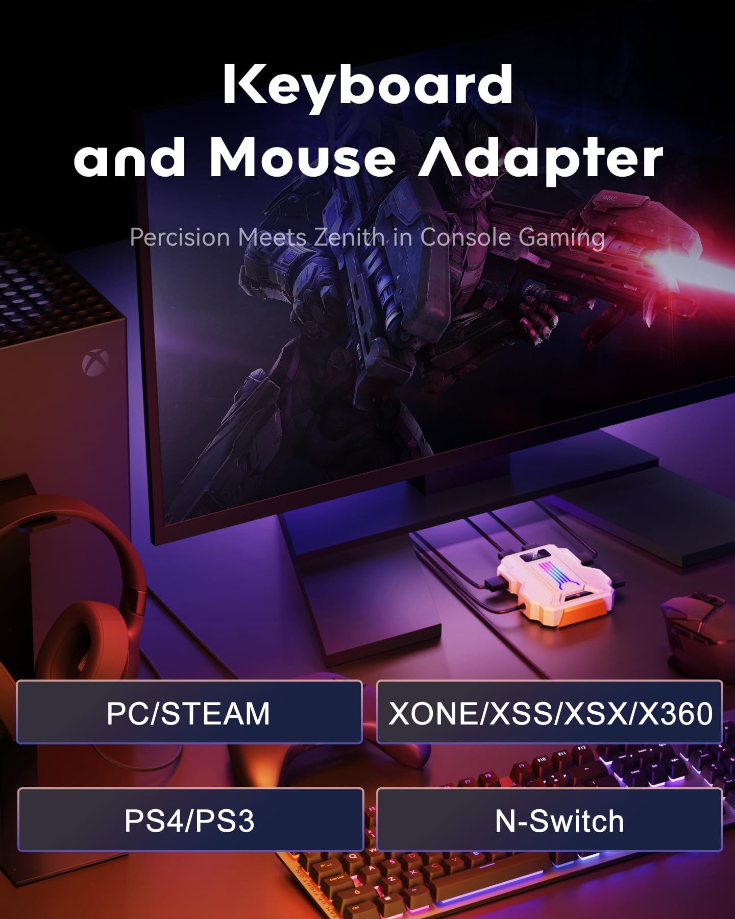 Megadream Adattatore tastiera e mouse per Switch 2,Switch,PS4,PS3, Xbox Series S/X, Xbox One, Xbox 360 - Striker PRO supporta cuffie, regolazione in tempo reale app, Bianco