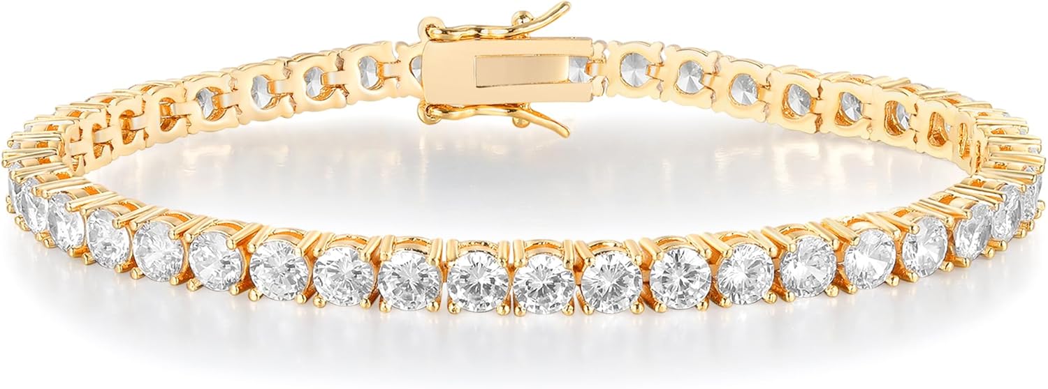 Gemsme Tennis Bracelet for Women Men, White/Yellow Gold Plated 5mm Round Cubic Zirconia Classic Tennis Bracelet(6-8inch)