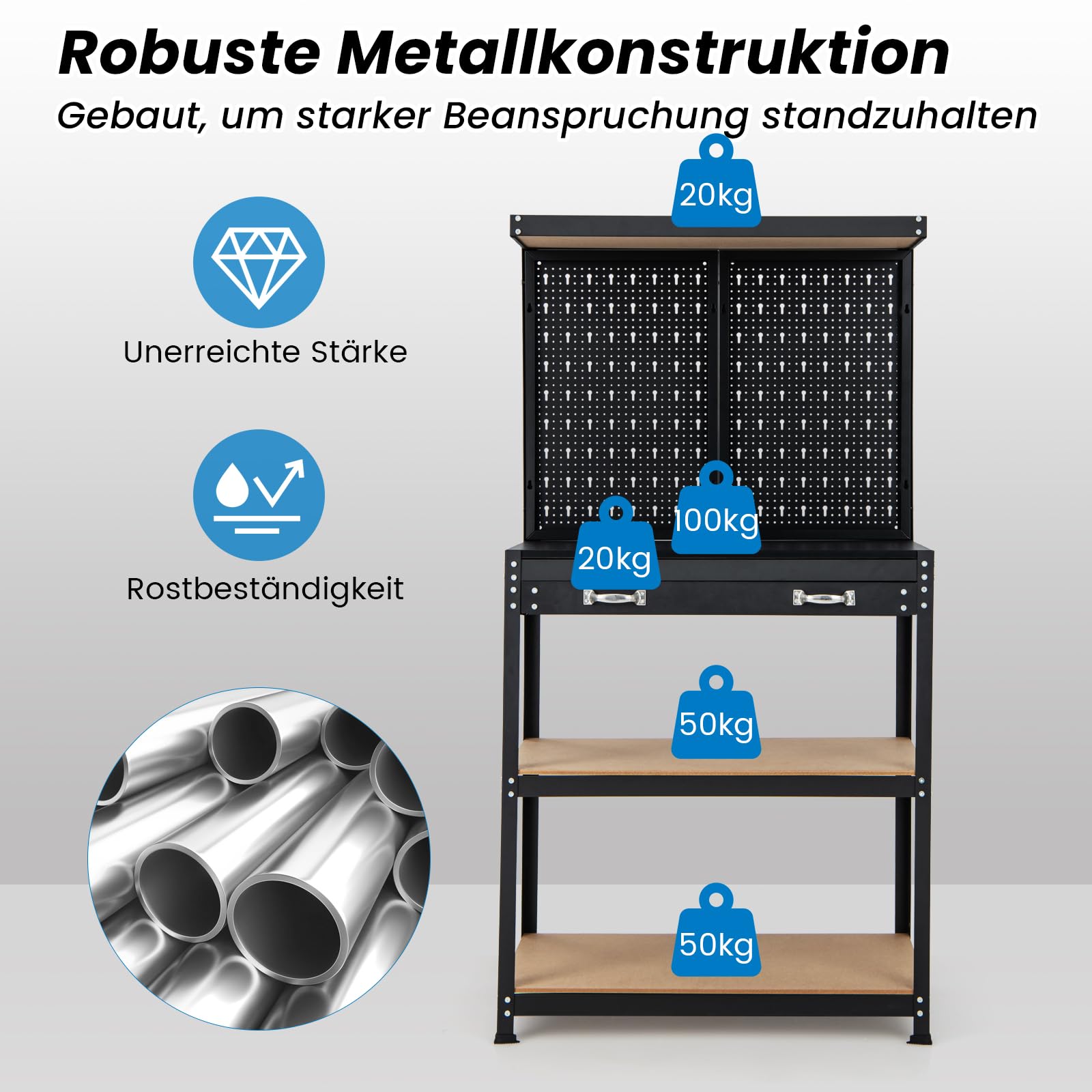 COSTWAY Stół warsztatowy, stół narzędziowy ze ścianką perforowaną, stół warsztatowy z szufladą, duży blat roboczy i 3 półki, w zestawie 13 akcesoriów do zawieszenia, stół roboczy do garażu, warsztatu