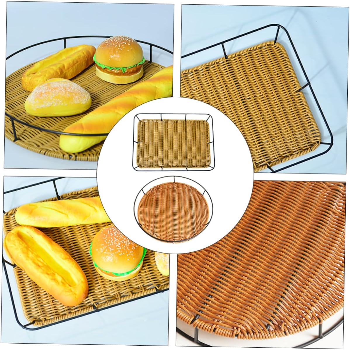 STOBAZA 2pcs Rattan Woven Bread Basket Set Iron Art Baking Tray Handles Decorative Storage for Kitchen Counter for Serving Fruits and Breads