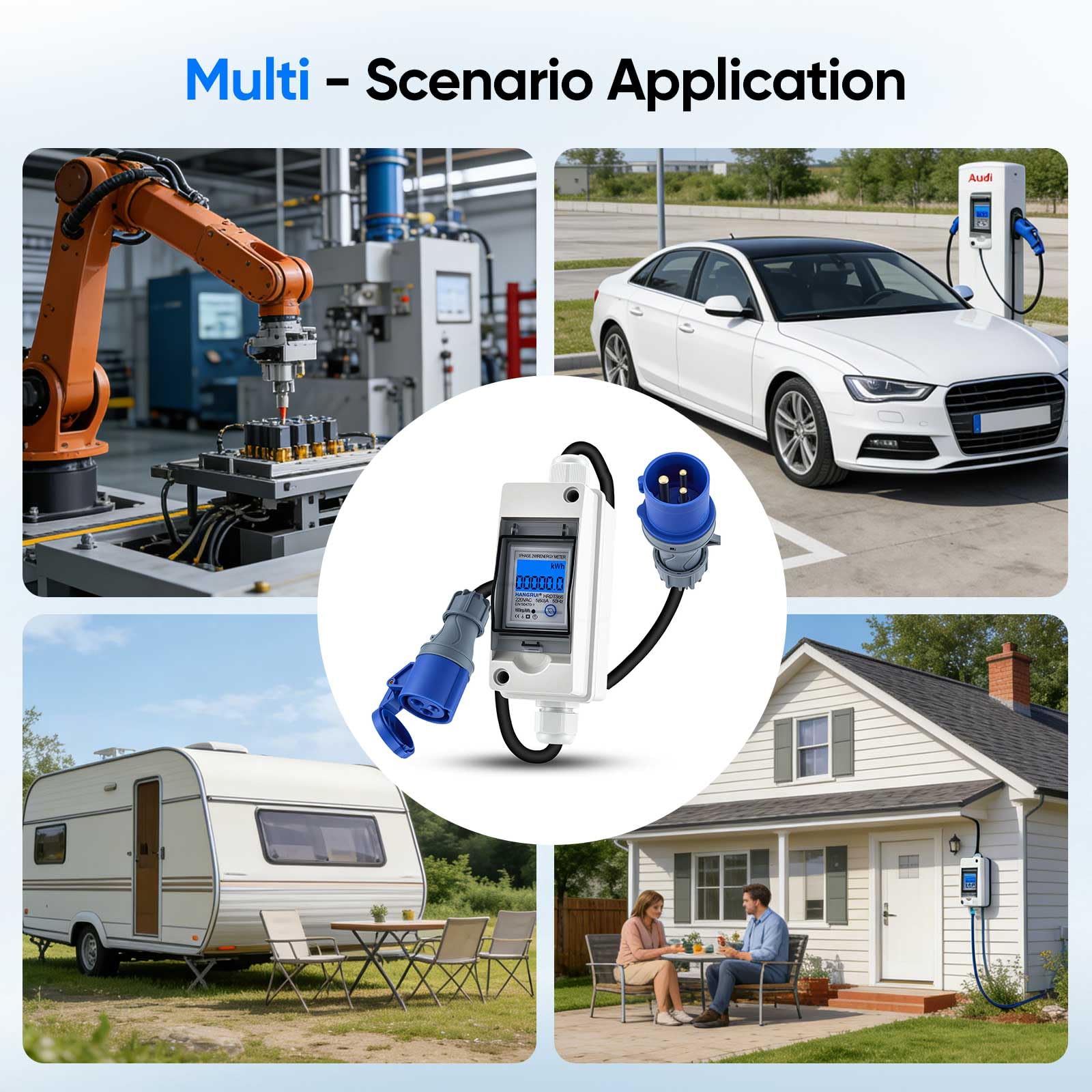 Contador de energía Digital móvil con conexión CEE 230V 16A, Contador kWh Impermeable IP67 con Pantalla LCD, Memoria Anti-Corte y reinicio, para Coches eléctricos, autocaravanas, Obras
