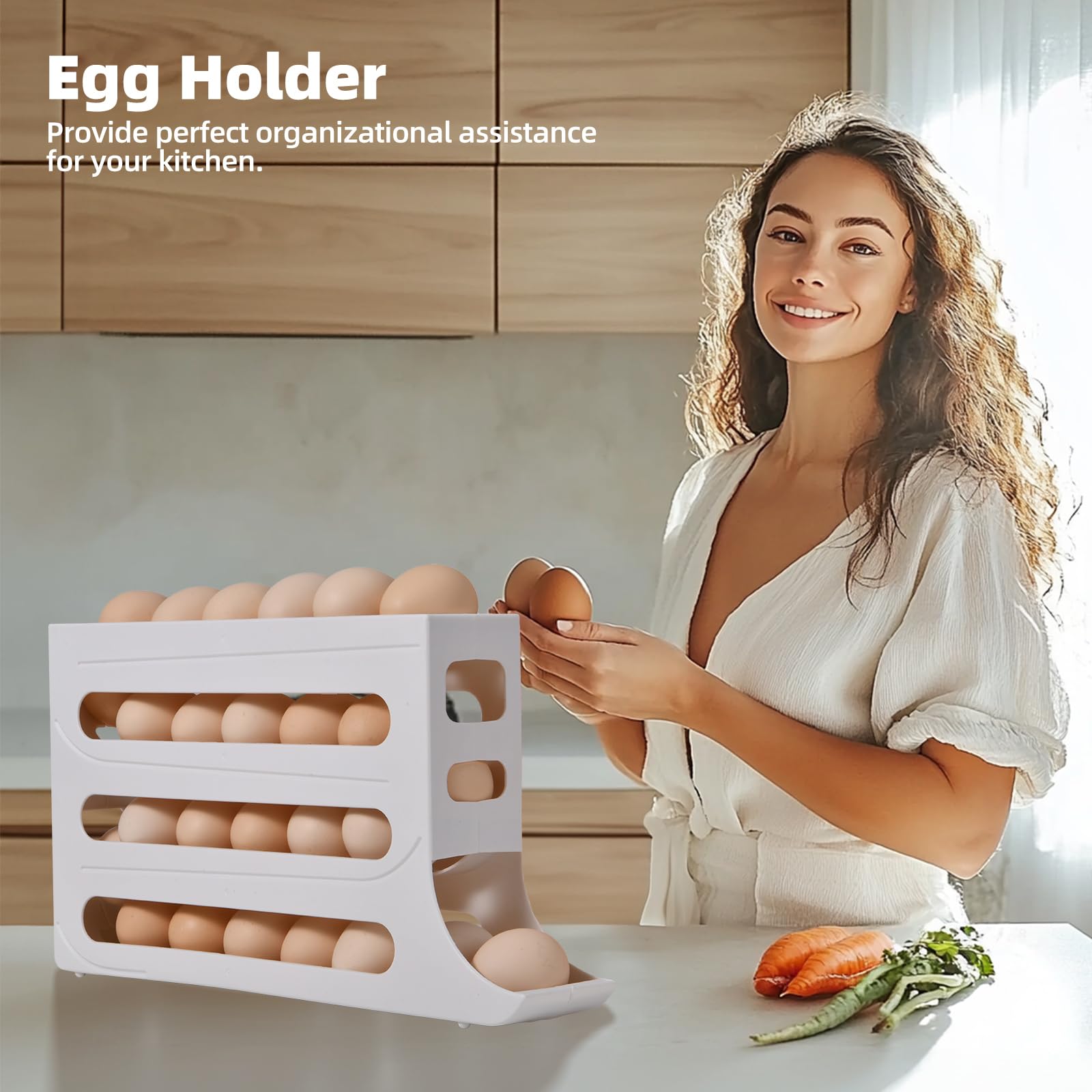 Soporte para 30 huevos para refrigerador, organizador de huevos con ruedas automáticas de 4 niveles para refrigerador, organizadores de refrigerador y almacenamiento (blanco) 6