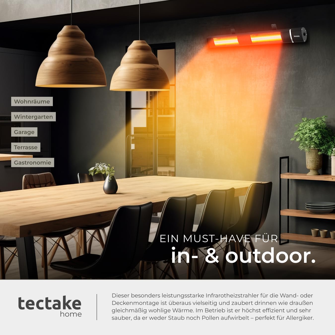 tectake® Infrarot Heizstrahler mit Fernbedienung als Wandheizung oder für Decke, outdoor und indoor, Wärmelampe hängend für Terrasse, Infrarotheizung Camping, elektro Wärmestrahler 3000W