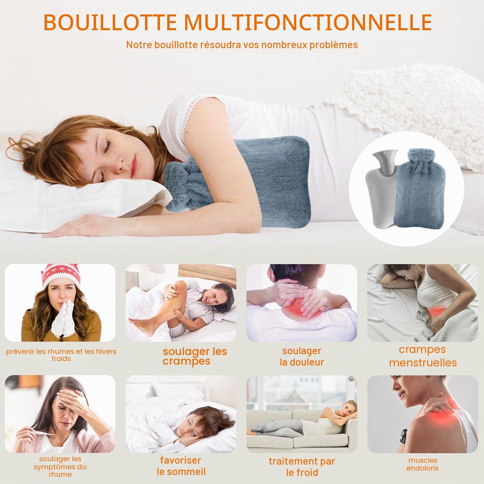 Bouillotte Eau Chaude 2L, Bouillotte Douce avec Housse en Peluche, Soulage la Douleur - Enfant et Adulte, Antifuite en Caoutchouc, Amovible