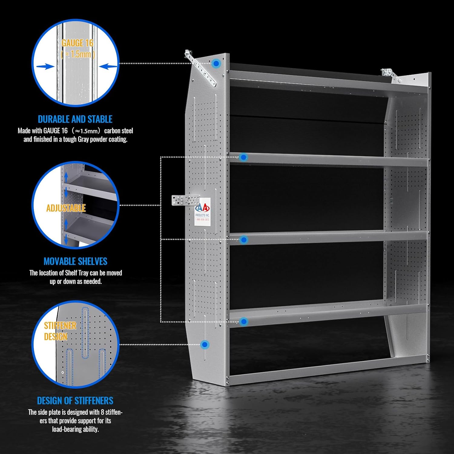 AA Products SH-6005 Steel Mid/High Roof Van Shelving Storage System Fits Transit, NV, Promaster and Sprinter, Van Shelving Units, 52''W x 60''H x 13''D