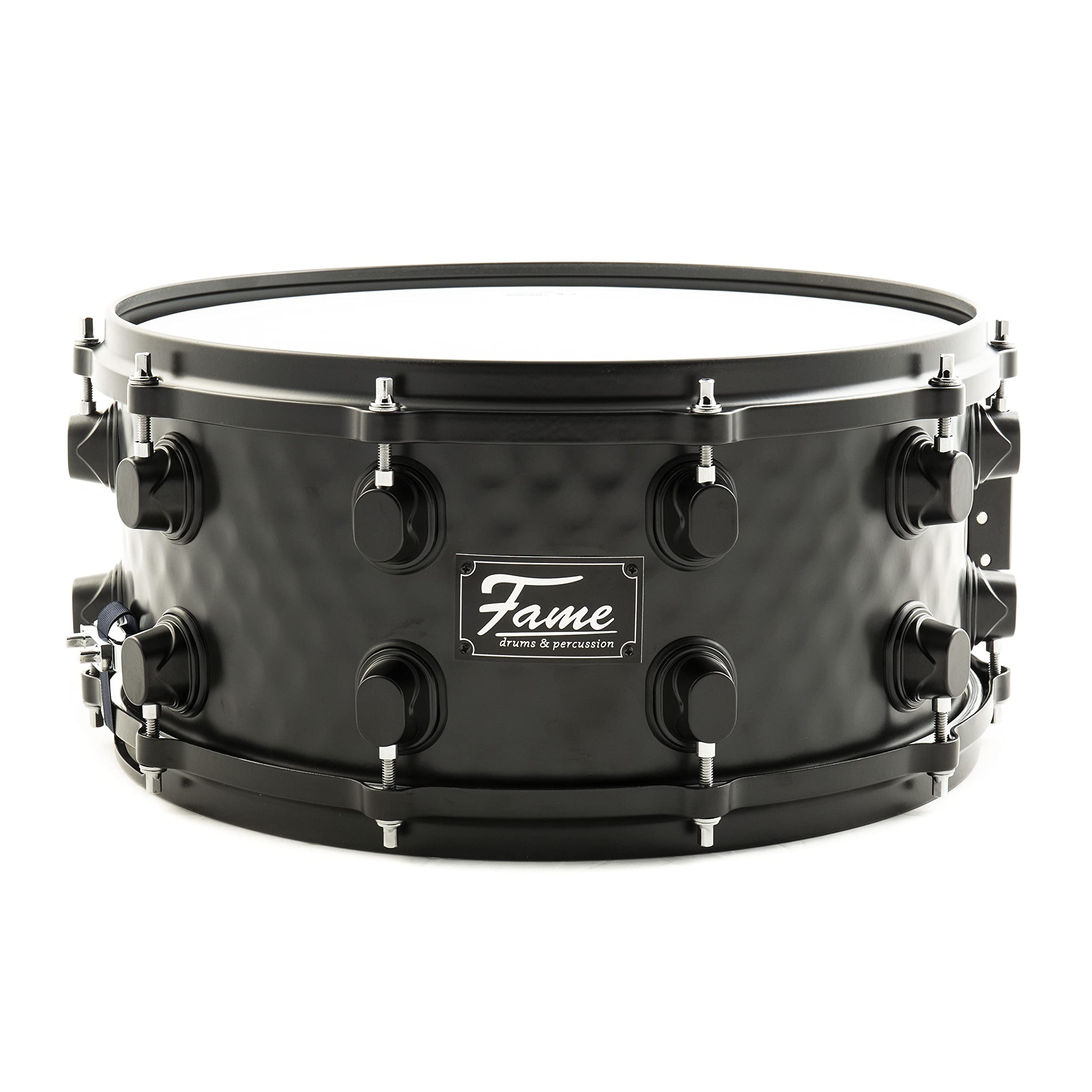 Fame FSS-65 Snare Drum, 14"x6.5", Hammered Black Steel, Professional Quality, Remo Skins, Die-Cast Hoops, 10 Tuning Screws, Includes Drum Sticks, Ideal for Beginners"